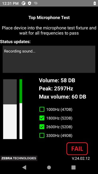Screenshot of a top microphone test in a mobile device testing application