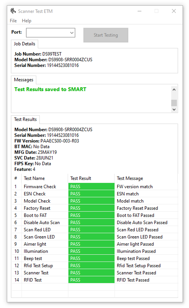 Screenshot of a scanner testing application with test results