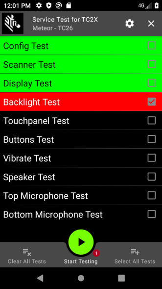 Screenshot of a mobile device testing application with a test checklist