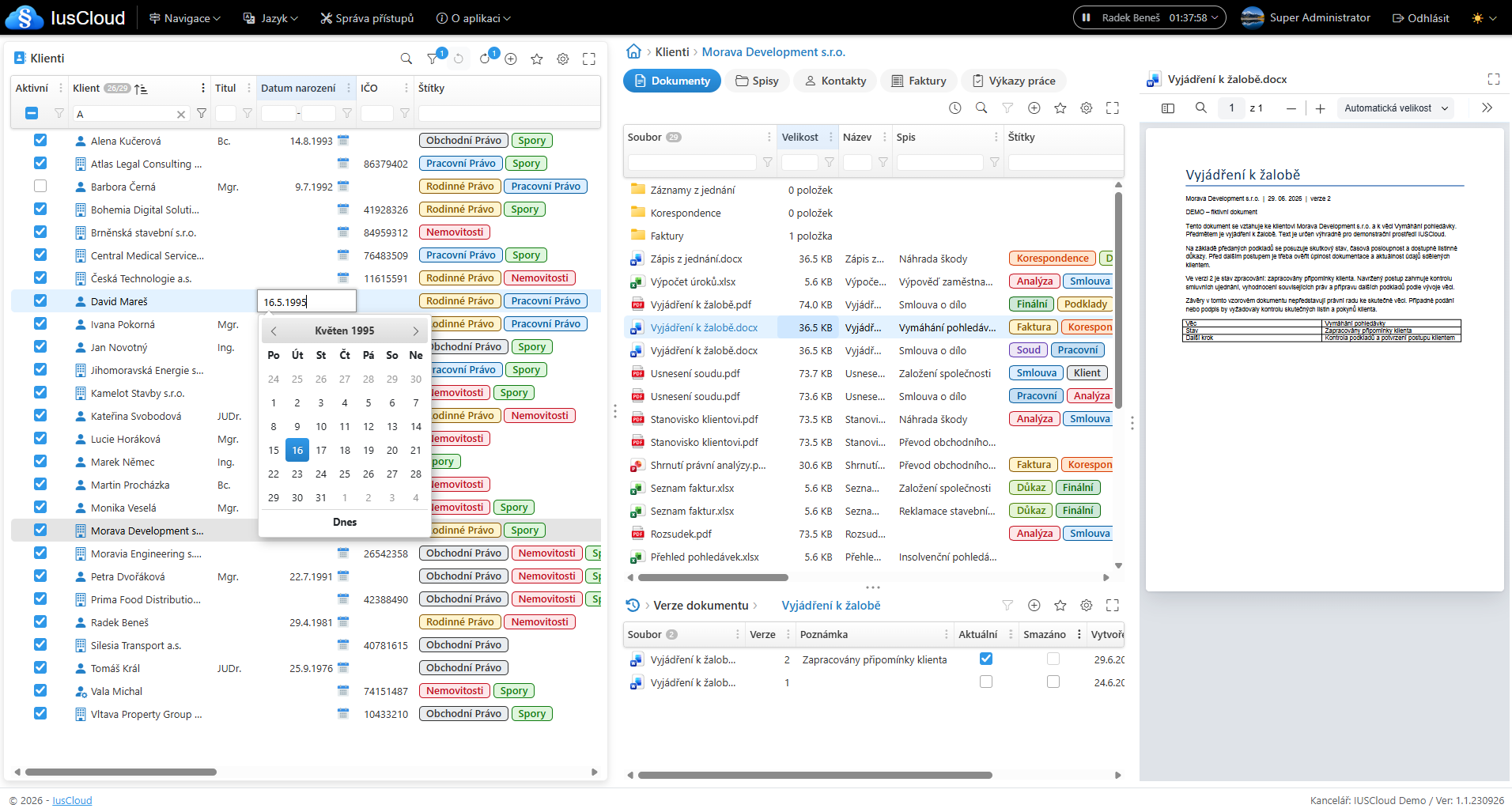 IusCloud legal practice management application interface