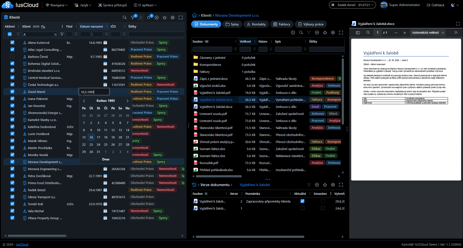 IusCloud legal practice management application interface