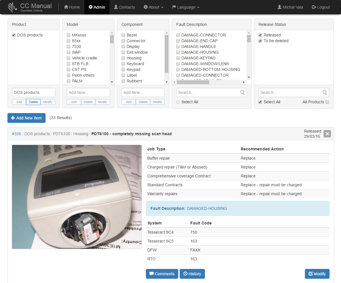 Screenshot of the CC Manual application for repair criteria and recommended actions